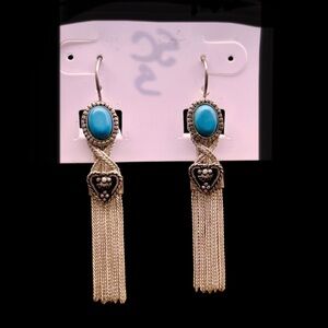 Vintage 925 Heart Earrings Turkish Southwestern Chain Fringe Turquoise color